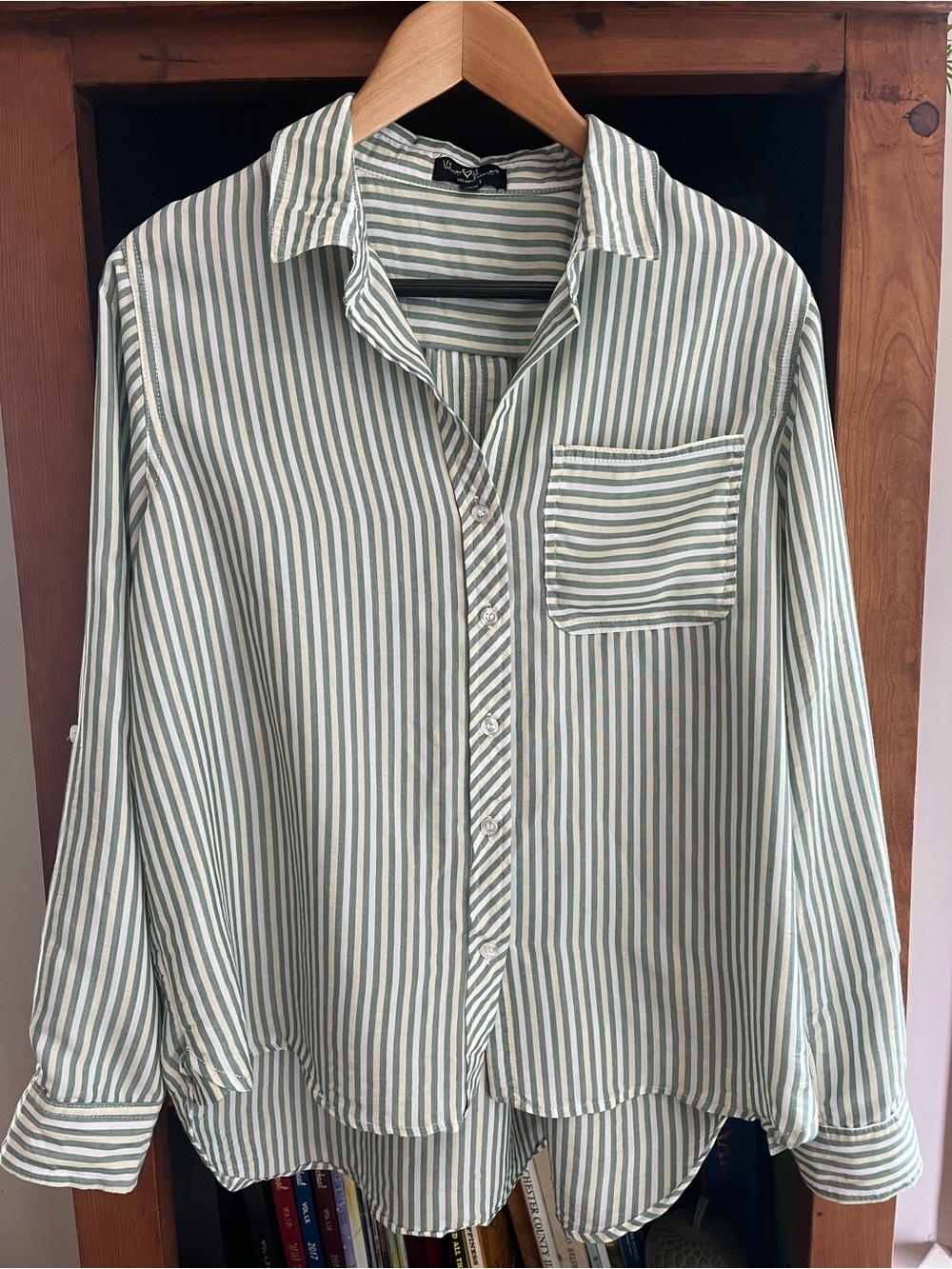 Velvet Heart LA Green Yellow and White Striped Tab Sleeve Button-Up Shirt